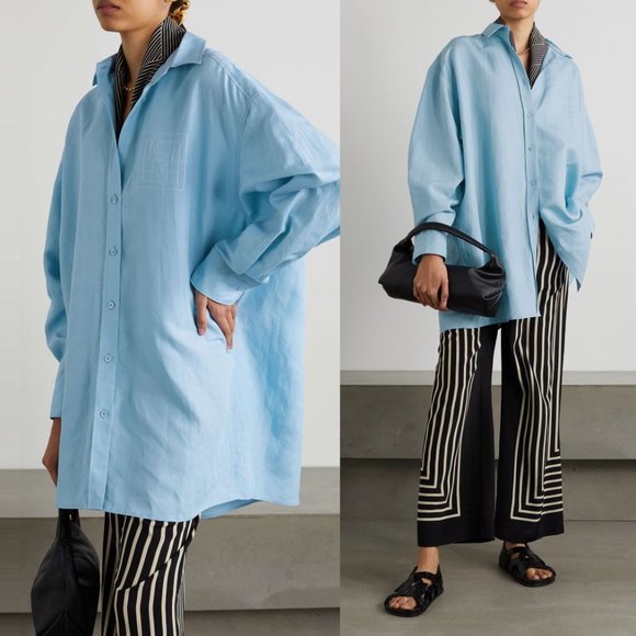 Toteme Tops - TOTÊME Oversized Tencel™ Lyocell + Linen-Blend Chambray Shirt With Chest Logo
